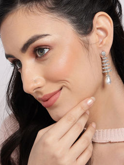 Sohi - Silver Plated Stone Pearl Studded Designer Drop Earrings