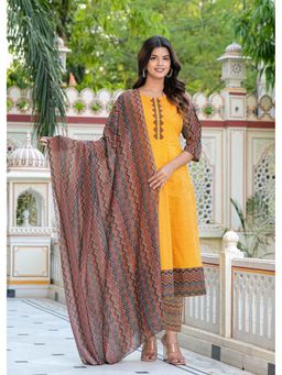Yash Gallery - Mustard Print Calf Length Anarkali Kurta with Pant and Dupatta (Set of 3)