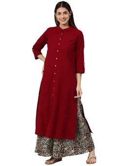 Yash Gallery - Maroon Cotton Solid Straight Kurta with Ajarak Printed Palazzo (Set of 2)