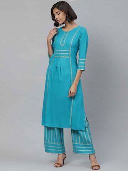Yash Gallery - Blue Rayon Gold Printed Straight Kurta with Palazzo (Set of 2)
