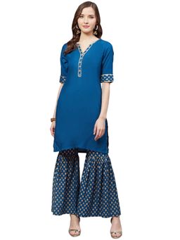 Yash Gallery - Dark Blue Rayon Gold Printed Straight Kurta and Sharara (Set of 2)