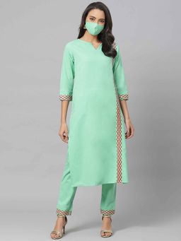 Yash Gallery - Green Cotton Embroidered Straight Kurta with Pant and Mask (Set of 3)