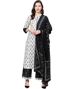Yash Gallery - White-Black Floral Printed Straight Kurta with Palazzo and Dupatta (Set of 3)