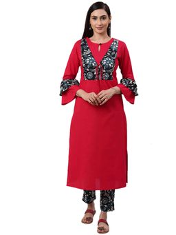 Yash Gallery - Red Cotton Jacket Style Straight Kurta with Pant (Set of 2)