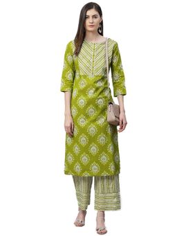 Yash Gallery - Green Cotton Floral Printed Straight Kurta with Palazzo (Set of 2)