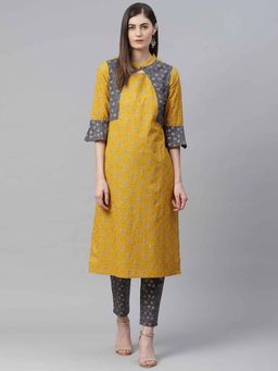 Yash Gallery - Yellow Cotton Printed Straight Kurta with Pant (Set of 2)