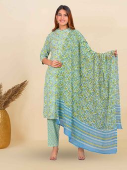 Yash Gallery - Sea Green Floral Embroidered Straight Kurta with Pant and Dupatta (Set of 3)