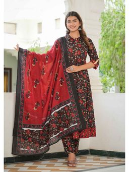 Yash Gallery - Black-Red Floral Printed Anarkali Kurta with Pant and Dupatta (Set of 3)