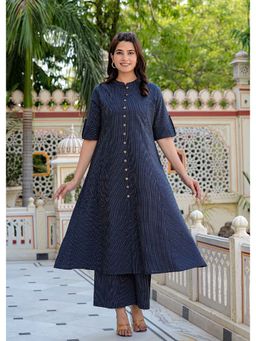 Yash Gallery - Navy Blue Kantha Stripes A-Line Kurta with Palazzo (Set of 2)