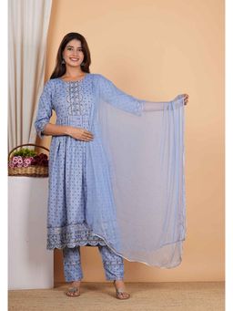Yash Gallery - Blue Printed Embroidered A-Line Kurta with Pant and Dupatta (Set of 3)