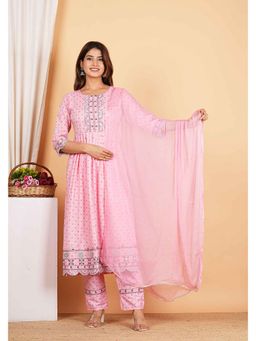 Yash Gallery - Pink Printed Embroidered A-Line Kurta with Pant and Dupatta (Set of 3)