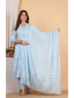 Yash Gallery - Blue Cotton Printed Mirror Work Flared Kurta with Pant and Dupatta (Set of 3)