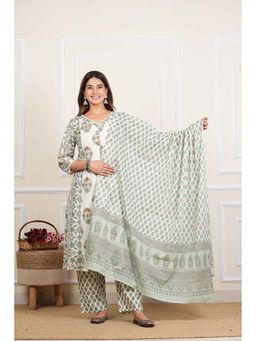 Yash Gallery - Green Floral Print Calf Length Straight Kurta with Palazzo and Dupatta (Set of 3)