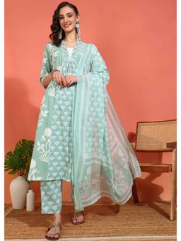 Yash Gallery - Green Cotton Floral Printed Flared Kurta with Pant and Dupatta (Set of 3)