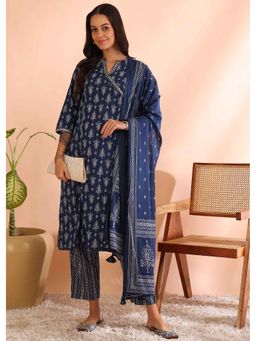 Yash Gallery - Navy Blue Cotton Floral Printed Straight Kurta with Pant and Dupatta (Set of 3)