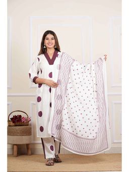 Yash Gallery - White Cotton Polka Dot Print Straight Kurta with Pant and Dupatta (Set of 3)