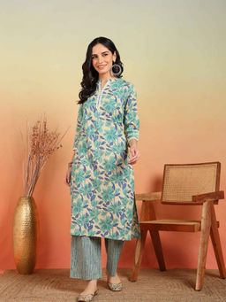 Yash Gallery - Green Cotton Floral Printed Straight Kurta with Pant (Set of 2)