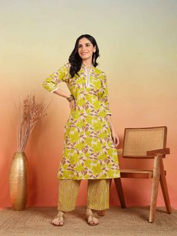 Yash Gallery - Olive Cotton Floral Printed Straight Kurta with Pant (Set of 2)