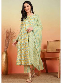 Yash Gallery - Yellow Cotton Floral Print Anarkali with Pant and Dupatta (Set of 3)