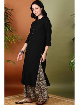 Yash Gallery - Black Cotton Solid Printed Straight Kurta with Palazzo (Set of 3)