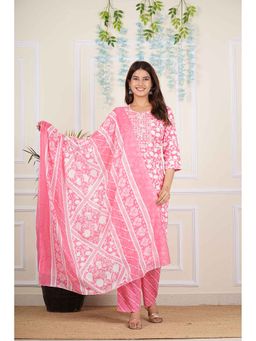 Yash Gallery - Pink Cotton Floral Printed Kurta with Pant and Dupatta (Set of 3)