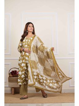 Yash Gallery - Olive Cotton Floral Printed Flared Kurta with Pant and Dupatta (Set of 3)