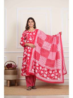 Yash Gallery - Red Cotton Floral Printed Flared Kurta with Pant and Dupatta (Set of 3)