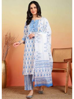 Yash Gallery - Blue Cotton Floral Print Straight Kurta with Pant and Dupatta (Set of 3)