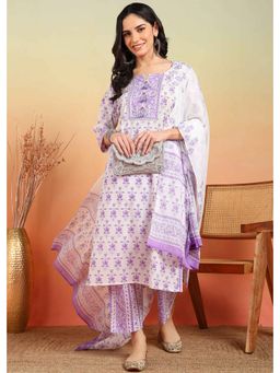Yash Gallery - Purple Cotton Floral Print Straight Kurta with Pant and Dupatta (Set of 3)