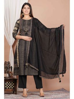 Yash Gallery - Black Ikat Printed Straight Kurta with Pant and Dupatta (Set of 3)