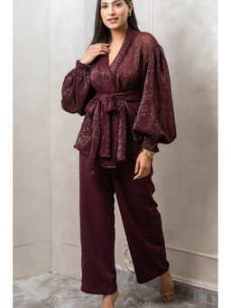 Label Swish - Wine Sequins Wrap Top with Pants and Belt (Set of 3)