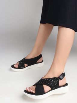 Carlton London - Women Black Crisscross Adjustable Comfort Sandals