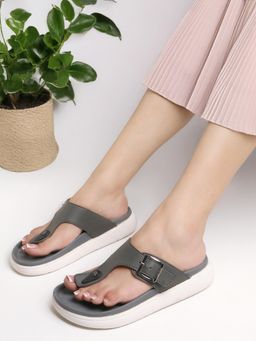 Carlton London - Women Grey Buckled Thong Strap Comfort Sandals