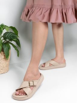 Carlton London - Women Beige Crisscross Strap Buckle Slide Comfort Sandals