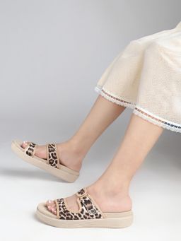 Carlton London - Women Beige Animal Print Dual Strap Comfort Sandals