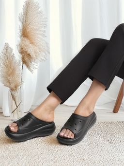 Carlton London - Women Black Perforated Cushioned Platform Sliders