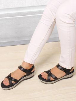 Carlton London - Women Black Adjustable Strap Comfort Sandals