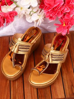 Carlton London - Women Copper Metallic T-Strap Wedge Heels with Embellishments