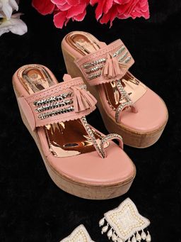 Carlton London - Women Pink Metallic T-Strap Wedge Sandals with Embellishments