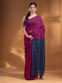 Arhi - Magenta Pure Cotton Handwoven Soft Saree with Pom Pom Pallu