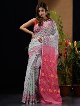 CHARUKRITI - Sea Green & Pink Handwoven Saree with Woven Designs & Patterns with Unstitched