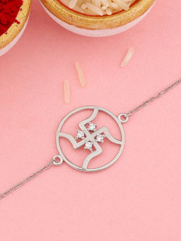 Ornate Jewels - 925 Silver American Diamond Swastik Bracelet Rakhi with Roli Chawal