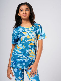 UMILDO - Blue Girls Activewear All Over Printed Dry Fit Half Sleeve T-Shirt