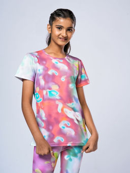 UMILDO - Multi-Color Girls Activewear All Over Printed Dry Fit Half Sleeve T-Shirt