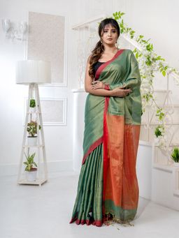 CHARUKRITI - Sap Green Tissue Handwoven Soft Saree with Unstitched Blouse