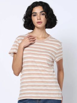 GAP - Beige Horizontal Stripes Relaxed Fit Half Sleeve T-Shirt