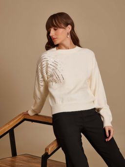 Kazo - Beige Embellished Round Neck Sweater