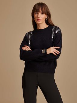 Kazo - Black Embellished Round Neck Sweater