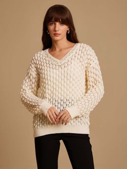 Kazo - Beige Embellished V-Neck Sweater