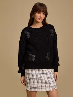 Kazo - Black Embellished Round Neck Sweater